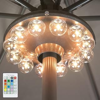 BIGMONAT Battery Umbrella Light with Remote: 12 Colors, Dimmable 250LM LED, Timer for Patio Camping - Wireless Hanging Pole Light