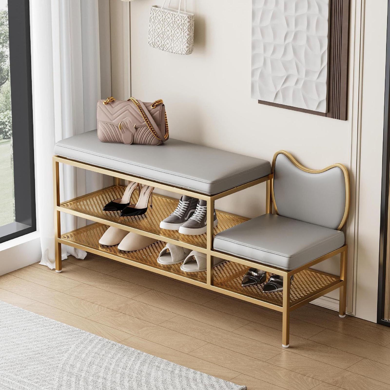 Banc assis en éponge haute résilience et meuble à chaussures d'entrée de 120 cm