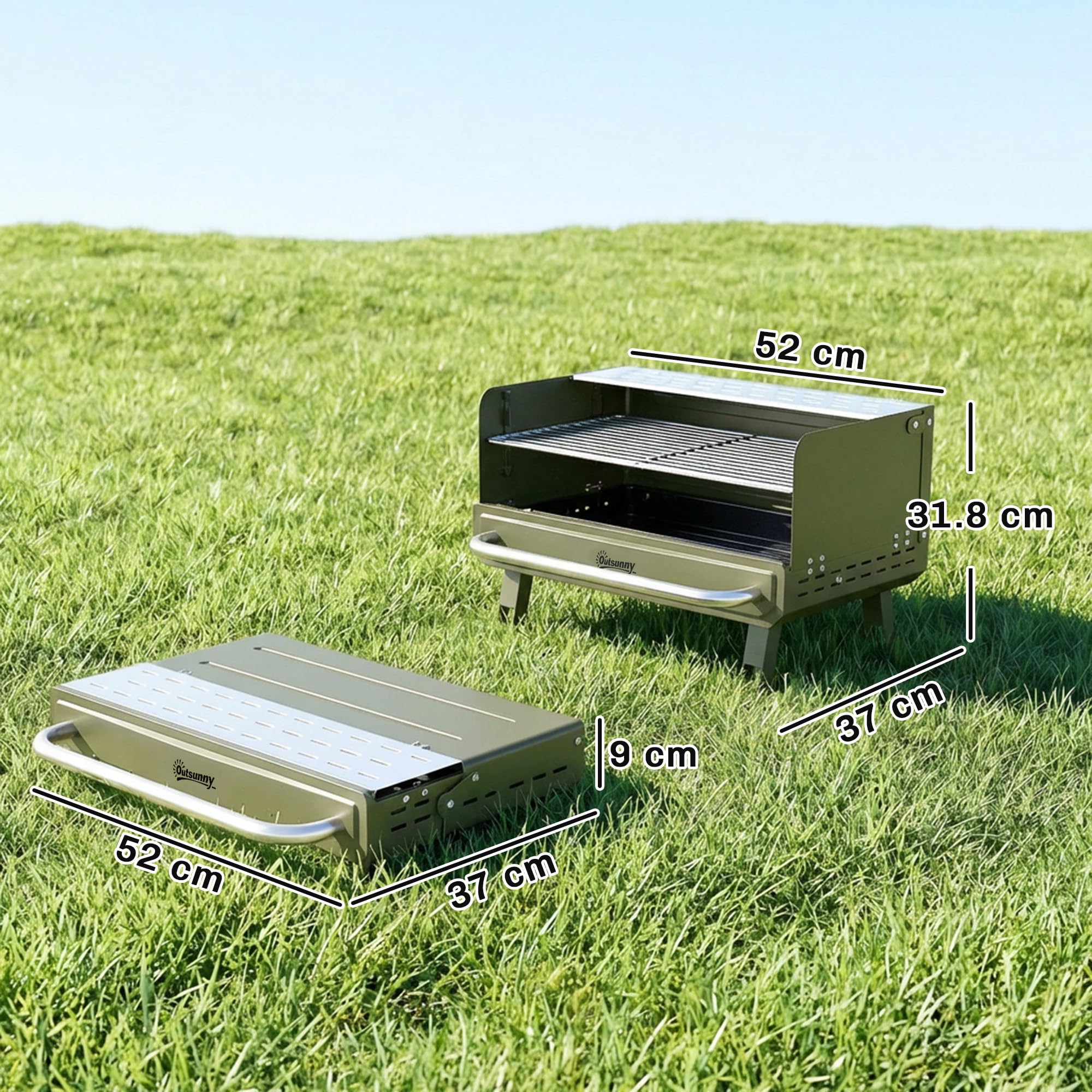 Outsunny Portable BBQ Grill, Charcoal Barbecue Grill with Adjustable Grates, Foldable Legs and Side Shelf for Camping Hiking Picnic Travel Garden Outdoor Cooking, Green — view 7