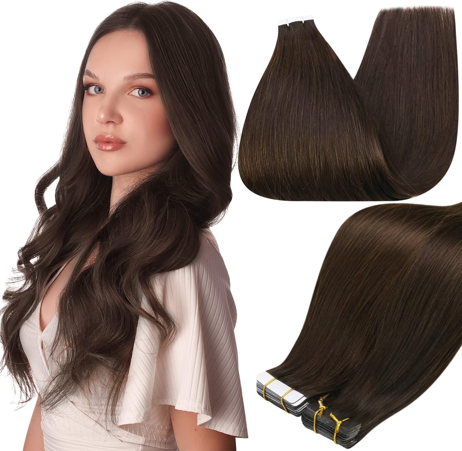 Full Shine Tape in Hair Extensions Real Remy Human Hair Invisible Seamless Skin Weft Human Hair Tape in Extensions Color 2 Dark Brown Human Hair Extensions Brazilian Hair 18Inch 50G 20Pcs Add Length