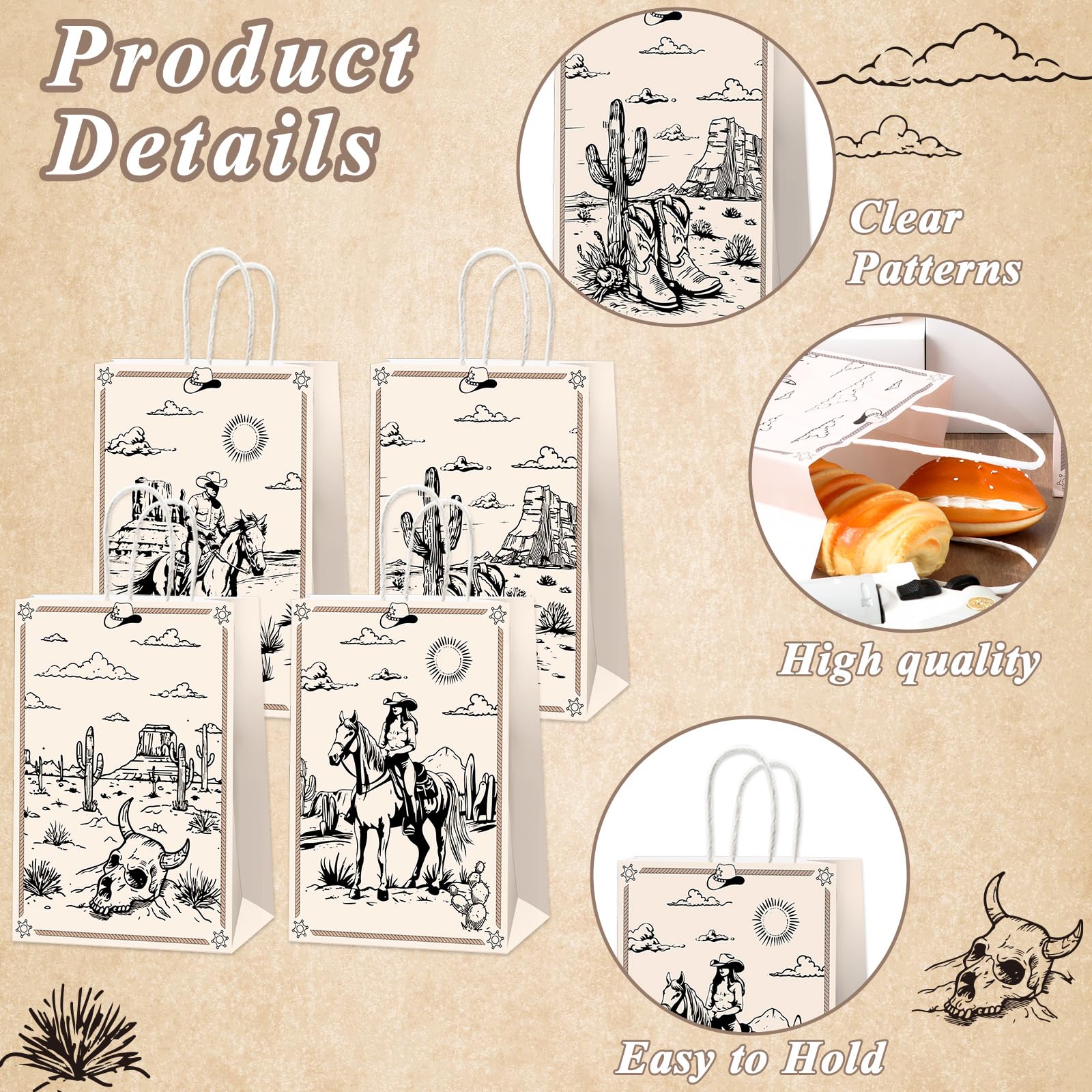 Qitnlaughter 12 Pcs Western Cowboy Birthday Paper Bags for Western Party Decorations Rodeo Bachelorette Candy Bags Wild West Goodie Bag for Cowboy Kids Boys Gift Birthday Party Favor