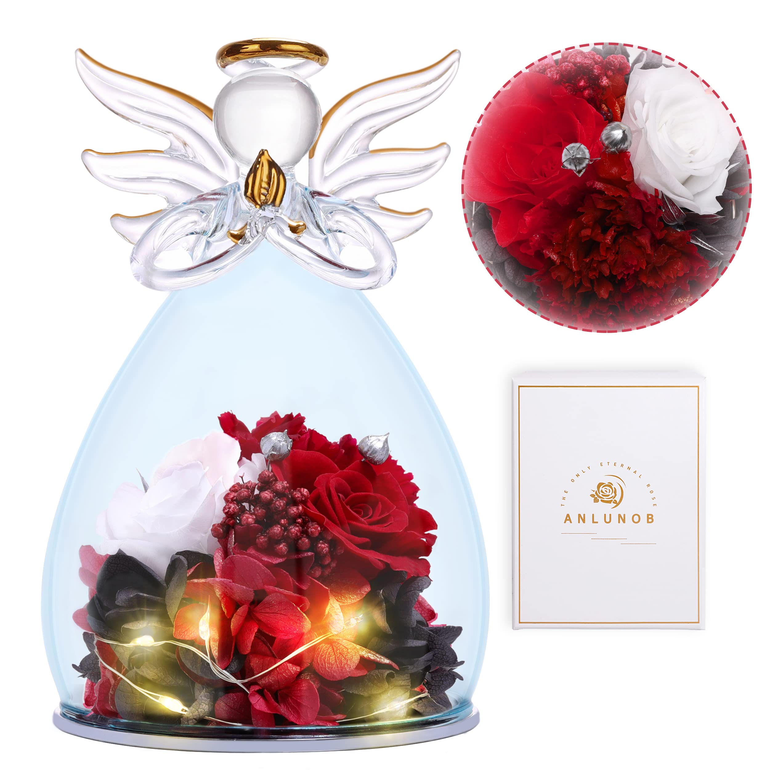 ANLUNOB Large Angel Mothers Day Birthday Gifts for Mom Grandma Wife, Thanksgiving Day Gifts for Women LED Light Angels Figurines with Red Forever Rose