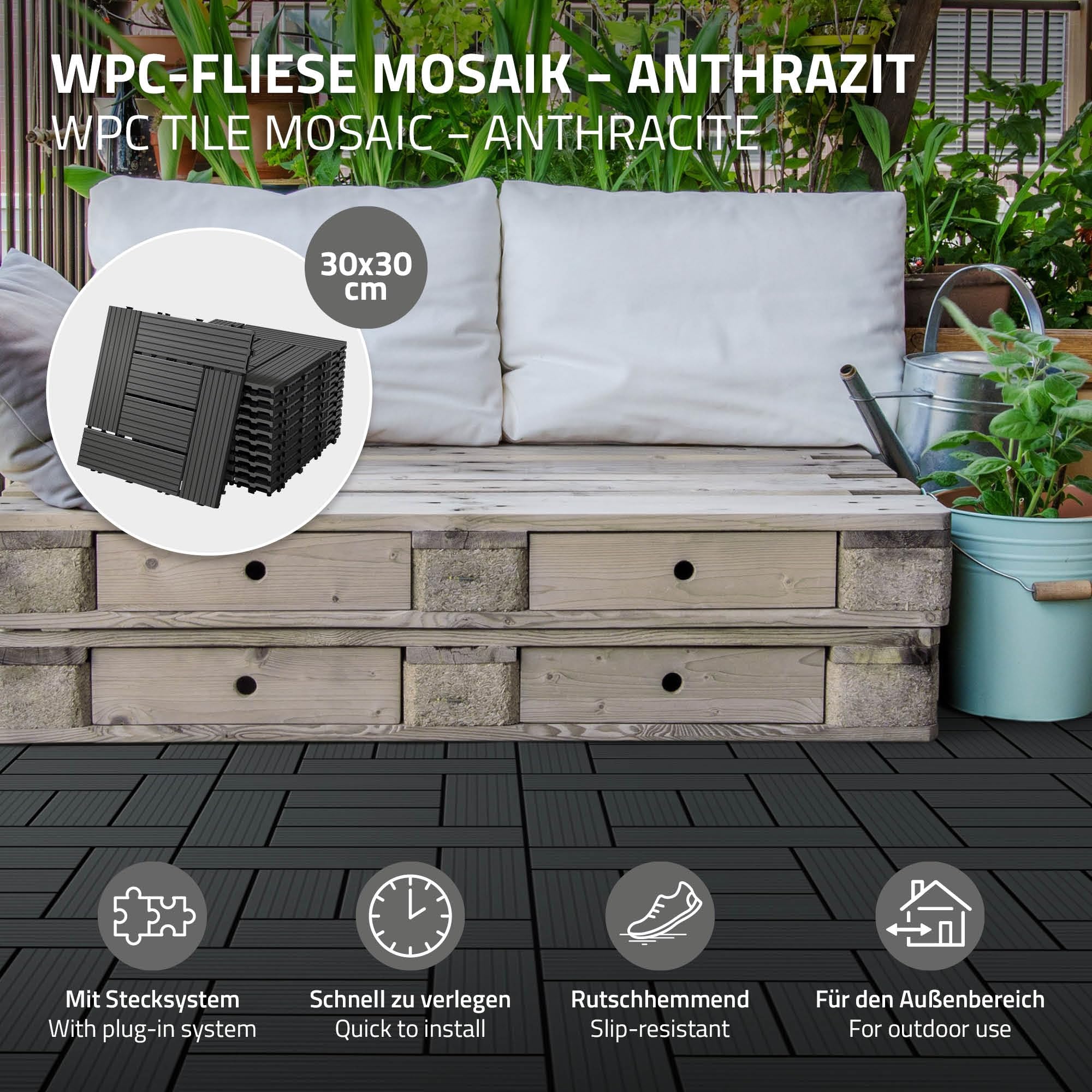 ECD Germany Dalles Terrasse Clipsables WPC 30x30 cm/11 pièces=1m² Anthracite Mosaïque Aspect Bois Carreaux avec Système à Clic et Drainage Revêtement de Sol Carrelage Lames Patio Jardin Extérieur