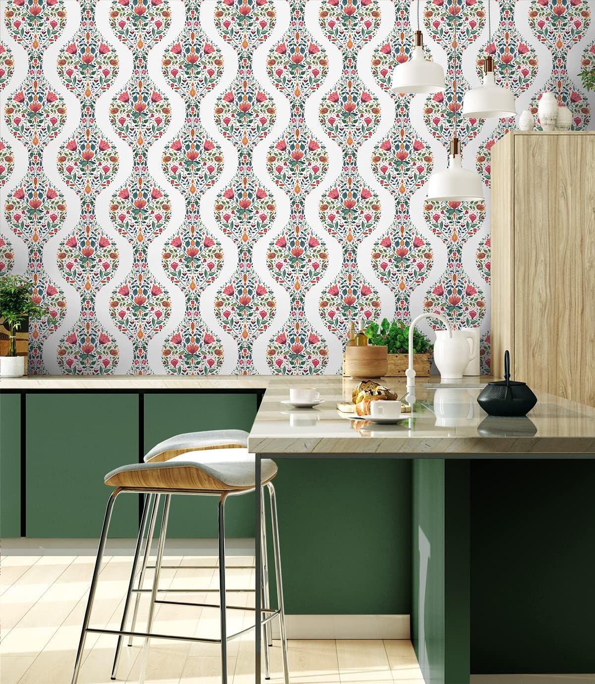 NextWall Floral Ogee Peel and Stick Wallpaper (Rose Pink & Spruce)
