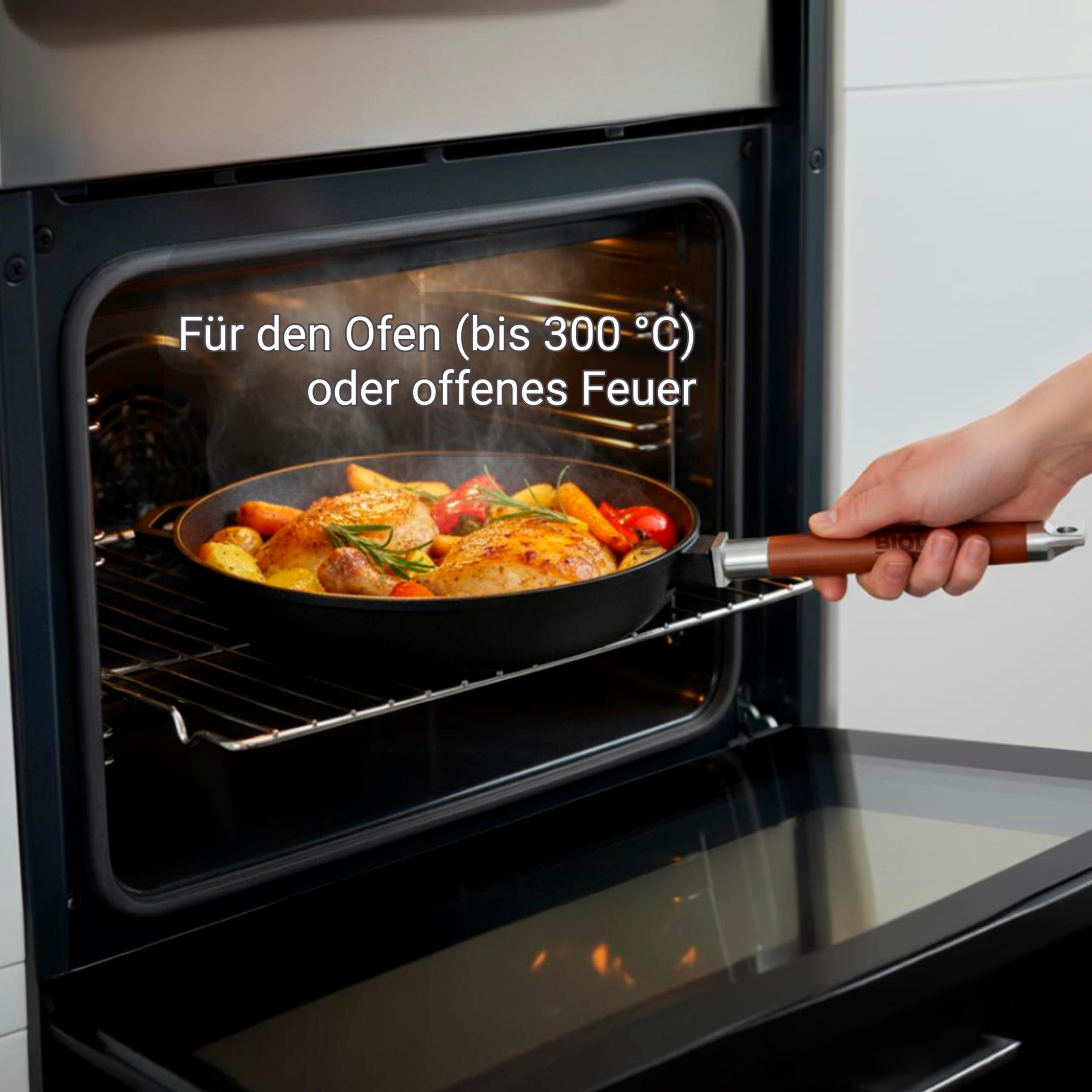 BIOL Sarten Hierro Fundido 28 cm - Sartén Antiadherente para Cocina Inducción, Mango de Madera Desmontable Ergonómico, sin Tapa, Apta para Gas, Vitrocerámica, Horno y Barbacoa, Cocina Saludable | Mango de madera desmontable, sin revestimiento, apto para h
