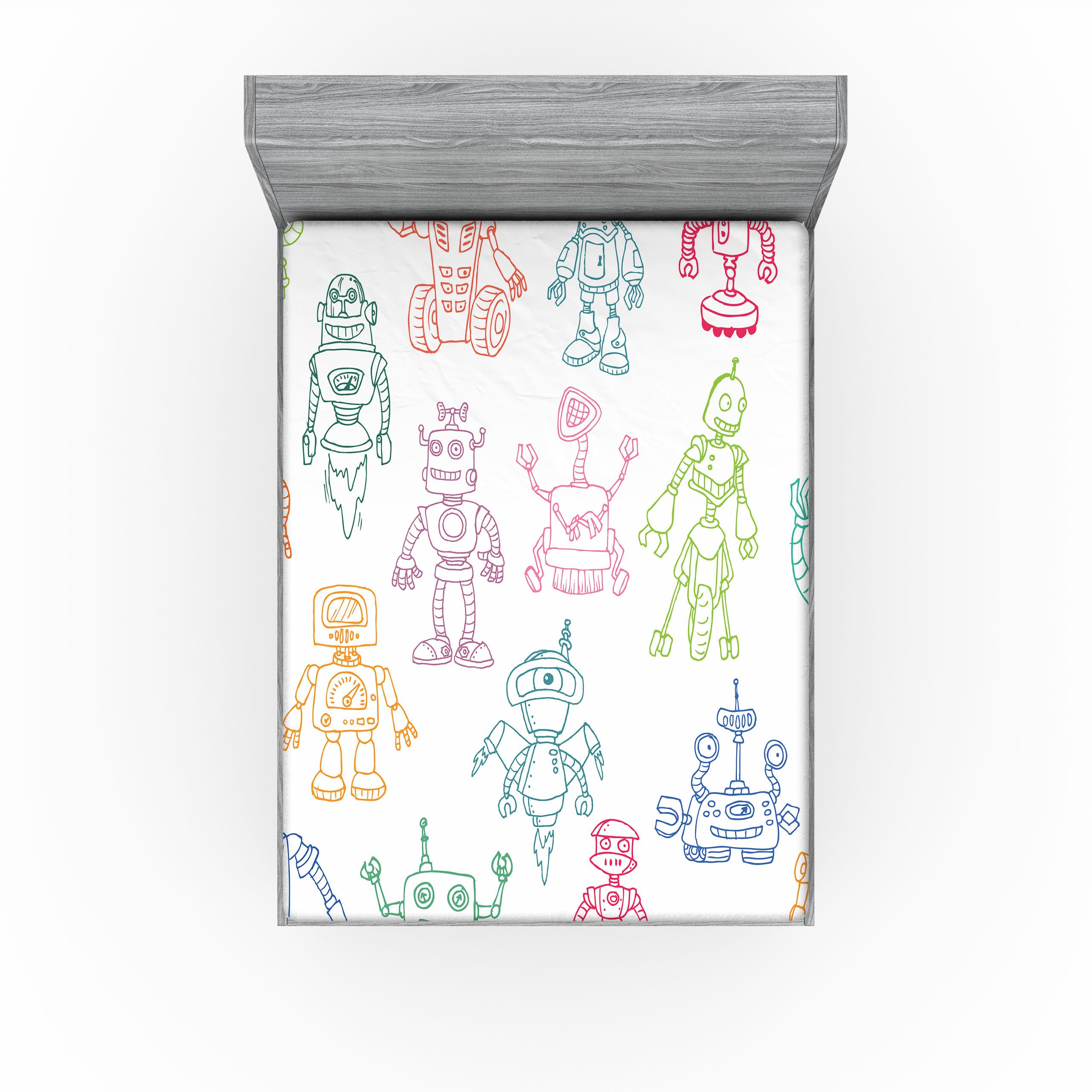 Ambesonne Cartoon 2 Pack Fitted Sheet, Robots Performing Tasks, Bed Cover All-Round Elastic Deep Pockets 2 Pieces, Package Contains 2 California King Fitted Sheets, Green White