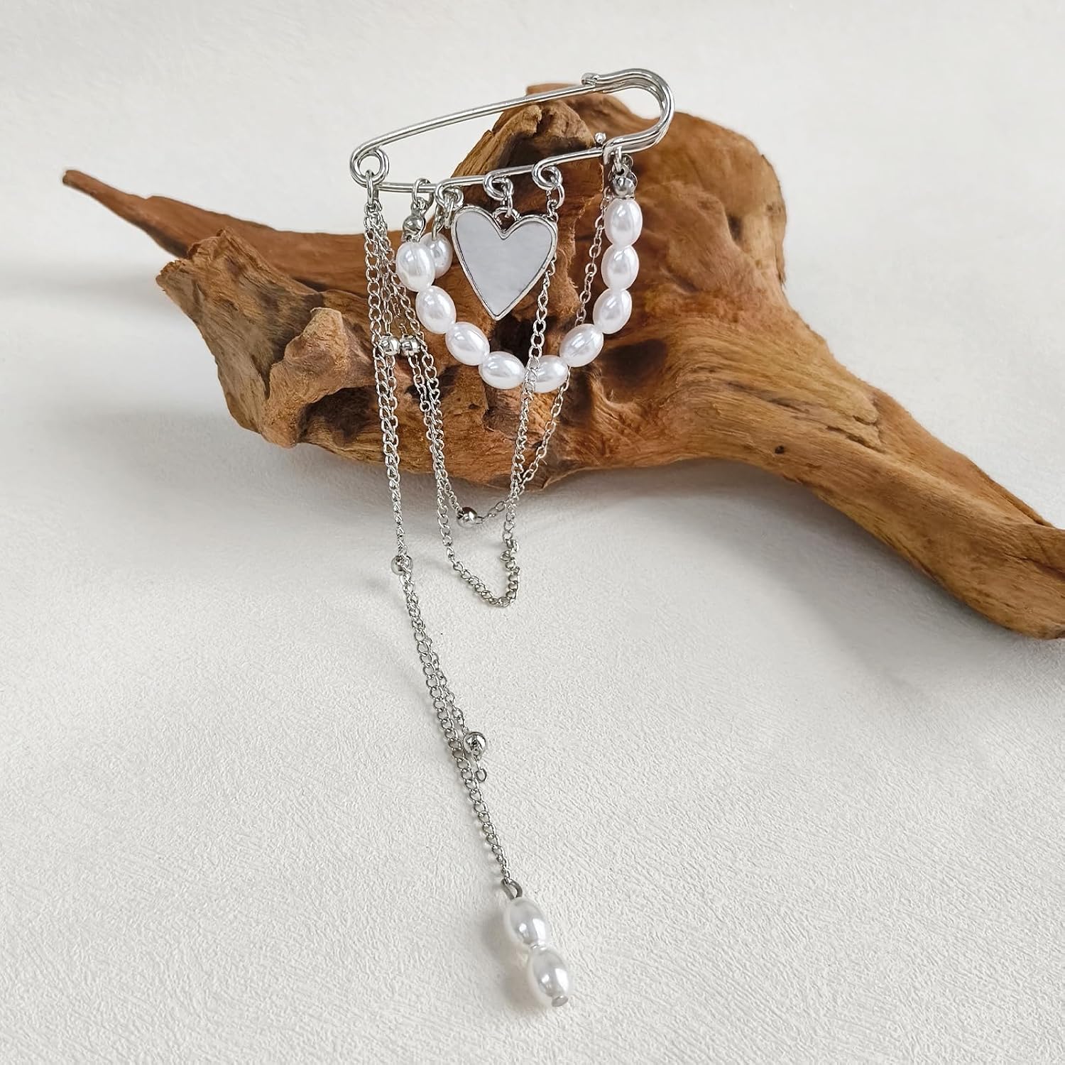 YAMUDA Silver Long Chain Brooch Pin Fashion Heart Pendant Safety Pin Brooch image 5