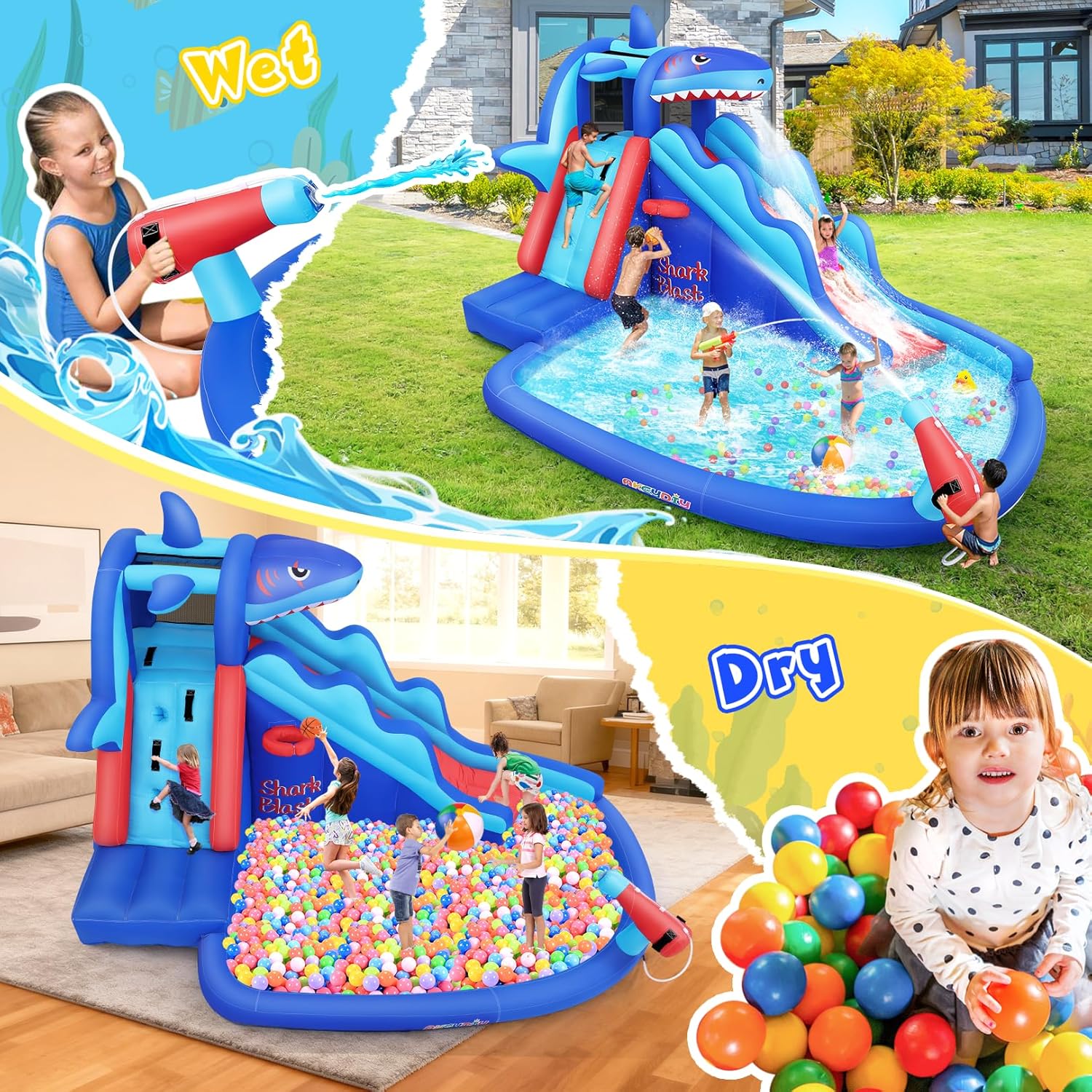 AKEYDIY Inflatable Water Slide,12.2x8.4x6.7FT Kids Water Bounce House with Long Slide,Splash Pool,Climbing Wall, Beach Ball&Water Cannon,Outdoor Backyard Shark Water Park for Kids,450W Blower Included