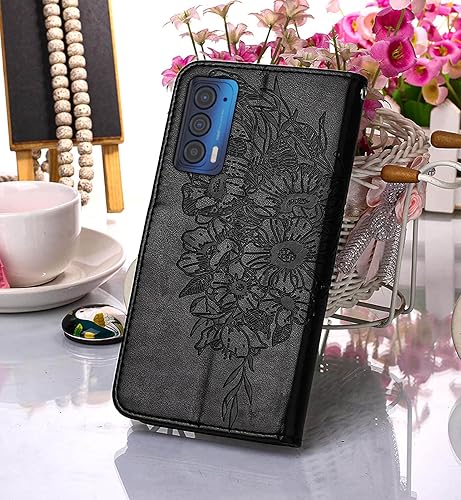 Miniatura 9 de Funda compatible con Motorola Edge 2021, función atril, correa de muñeca, ranuras para tarjetero, diseño floral de mariposa, funda de piel sintética