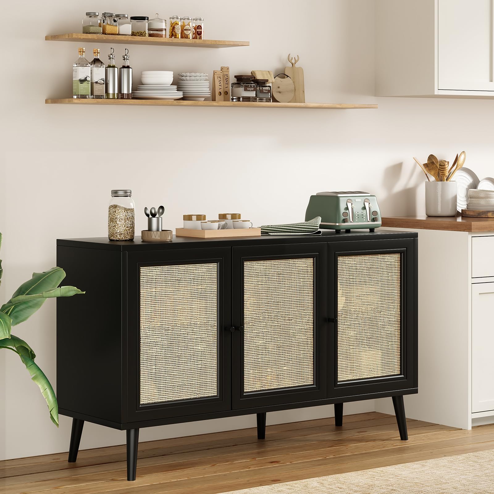 Farini 47.2" Buffet Cabinet with 3 Rattan Doors,Kitchen Sideboard for Dining Room, Hallway & Living Room, Coffee Bar Storage Console Table,Black