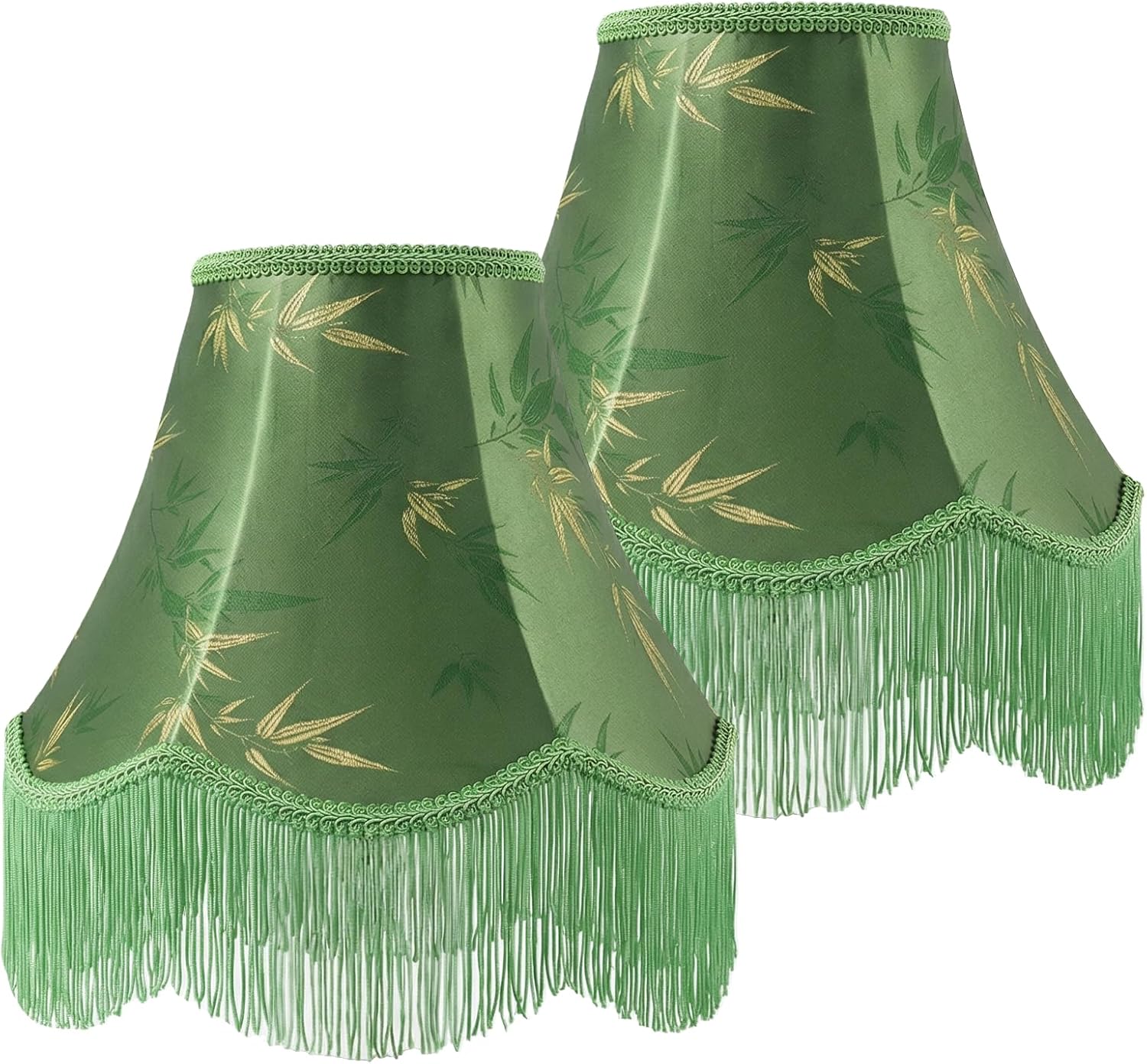 Green Bell Fringe Lamp Shades Set of 2, 6" x 13" x 10.6"(Spider) Victorian Scalloped Trim Lampshades, Bamboo Leaf Patterned Fabric Replacement Lamp Shades for Table Lamps, Easy Assembly