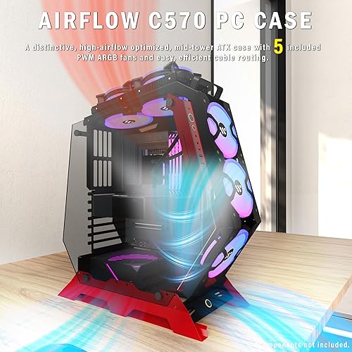 Vista 3 de KEDIERS PC Case C570 ATX Mid Tower - Carcasa de vidrio templado para computadora de juegos, marco abierto con 5 ventiladores PWM ARGB (570 rojo)