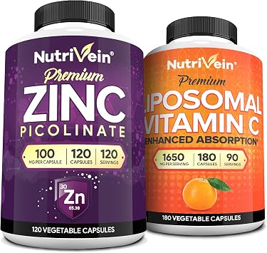 Nutrivein Premium Zinc Picolinate & Liposomal Vitamin C Supplement Bundle High-Absorption Vitamin C Capsules & Zinc Supplements Defense and Vitality Bundle