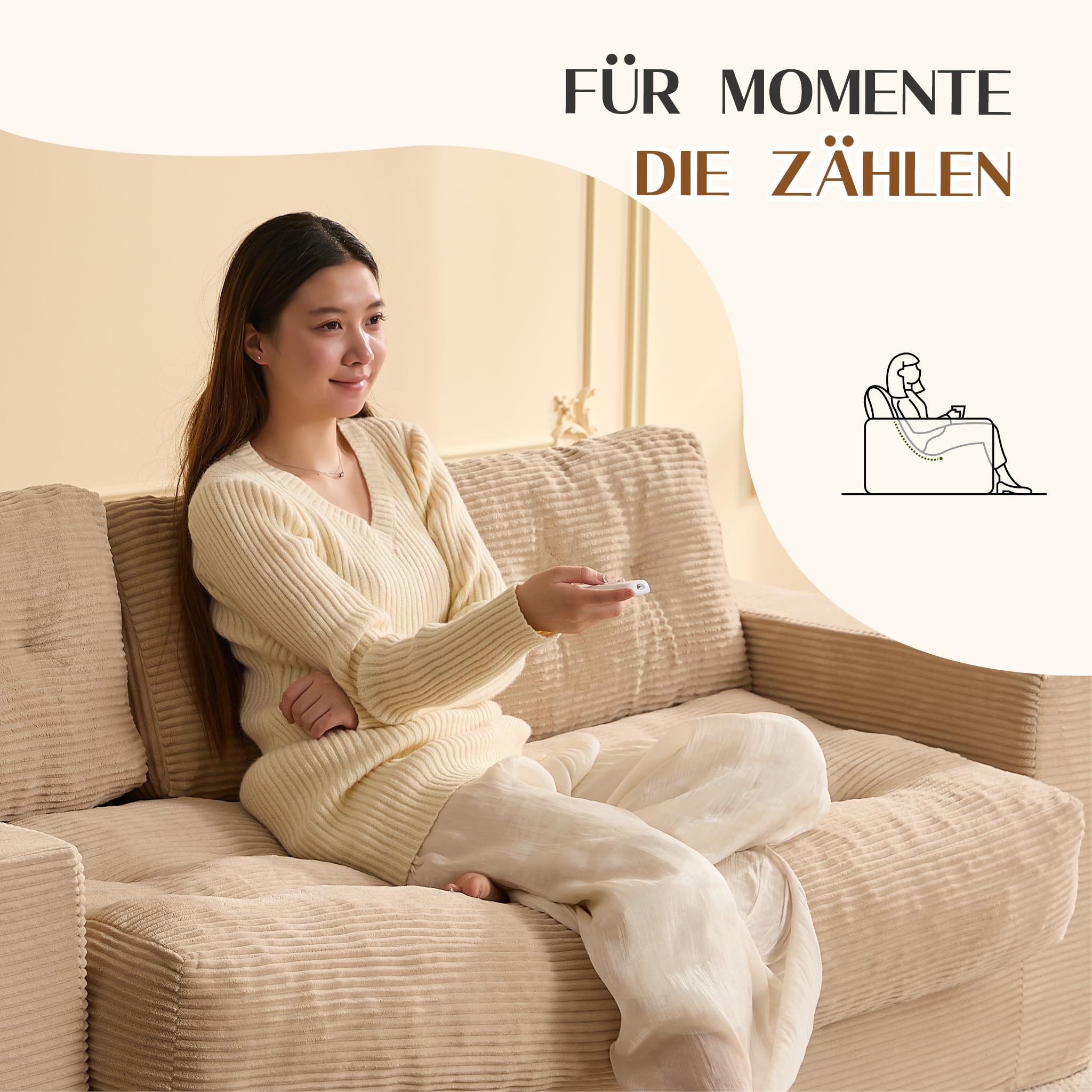 Bodensofa 3-Sitzer 190 cm, Cord Sofa ohne Gestell mit Kissen, 2 Getränkehaltern & breiten Armlehnen, Lounge Sofa für Wohnzimmer, kleine Wohnungen & Studenten, kein Aufbau erforderlich (Hellbraun)