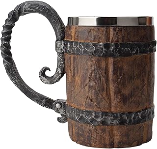 Wooden Barrel Beer Mug, Wood Bucket Style Beer Stein with Handle, Stainless Steel Double Wall Tankard Cocktail Mug for Bar Restaurant, Vintage Restaurant Renaissance Accessories (18 oz)