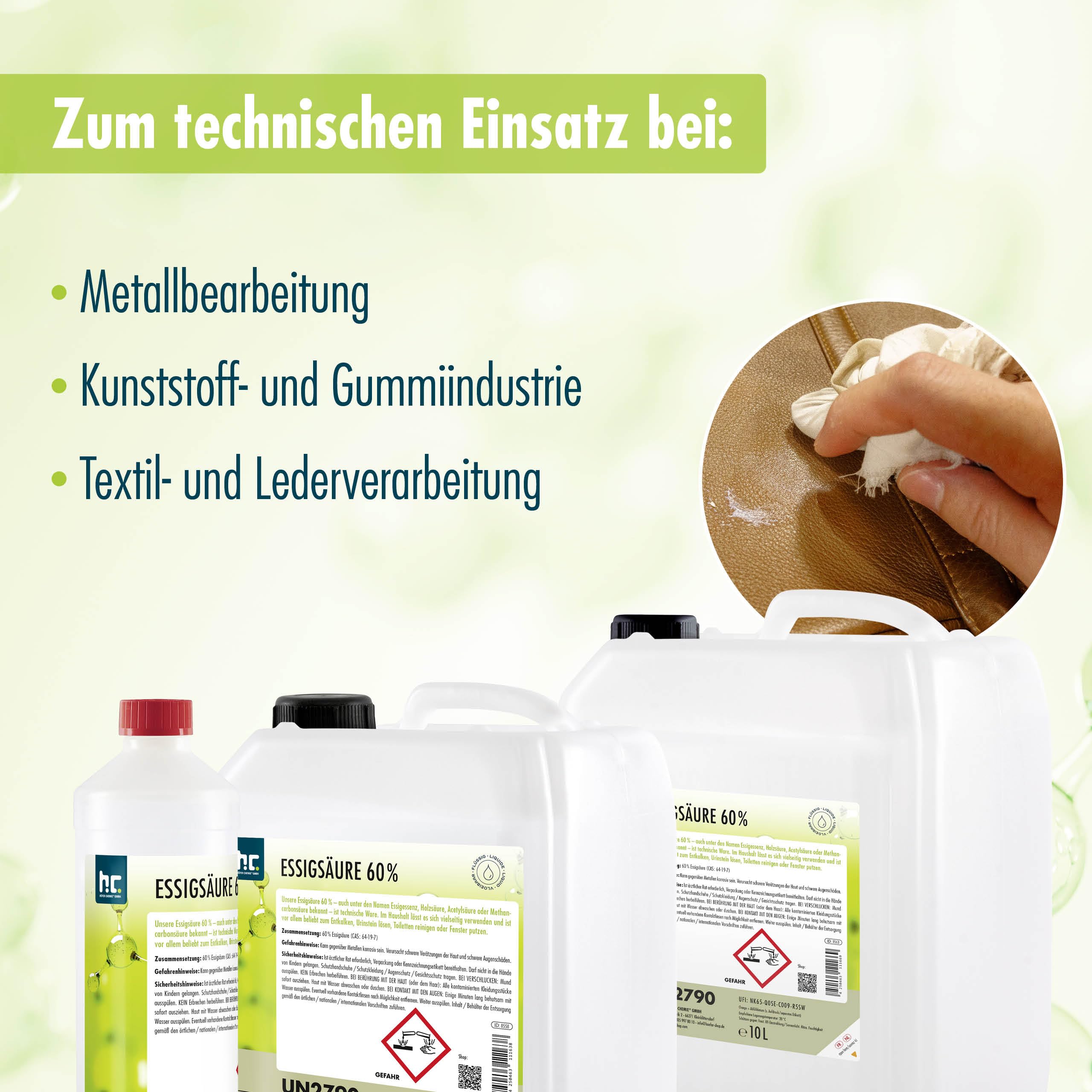 Höfer Chemie 2x 5 L Essigsäure 60% - optimaler Reiniger und Entkalker - Premium Qualität Made in Germany - frisch abgefüllt im handlichen Kanister