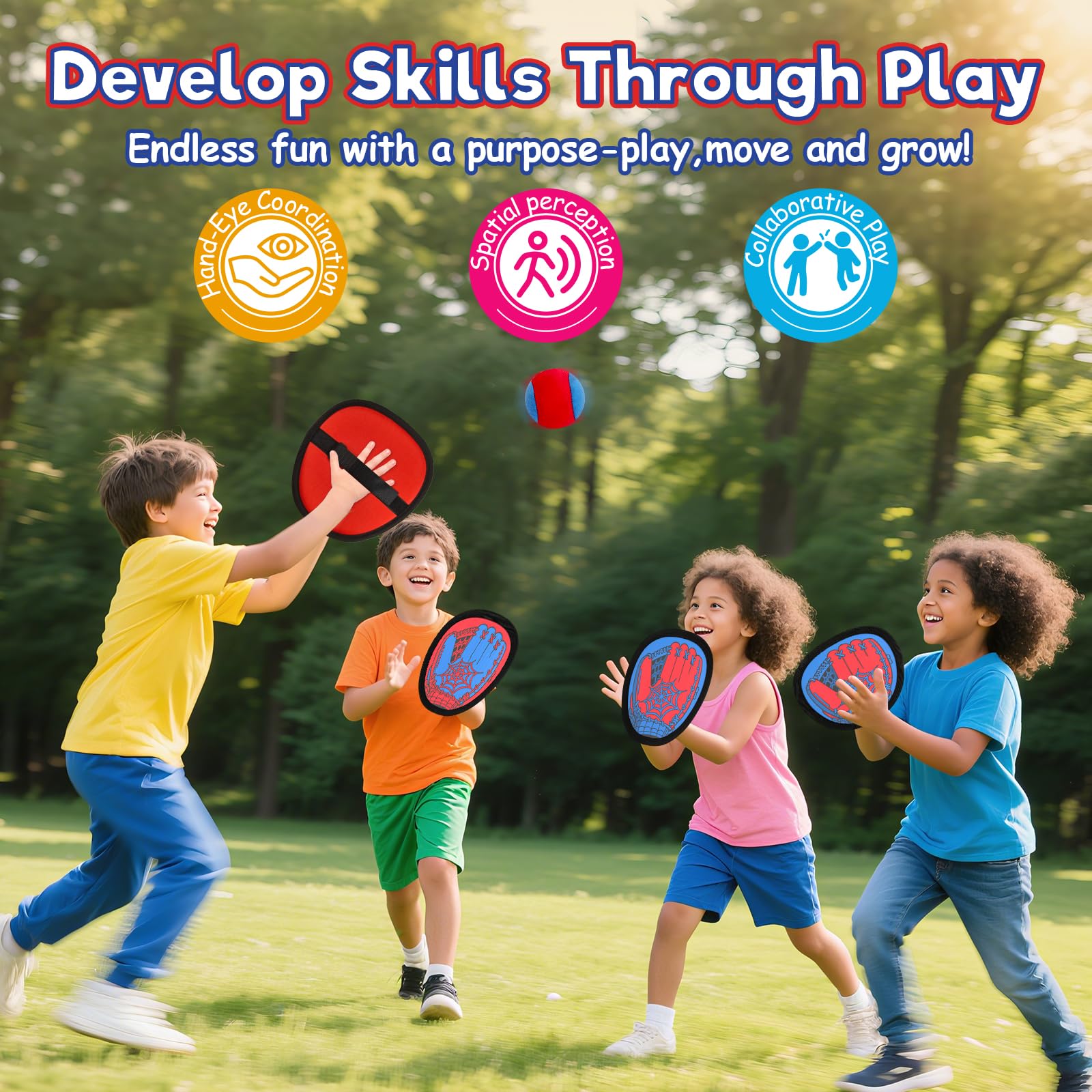 Sunrad Toss and Catch Ball Game Set,Sticky Toddler Baseball Training Glove,Beach Toys Yard Games,Kids Preschool Games for Ages 4 5 6 7 8,Including 4 Paddles - Image 2