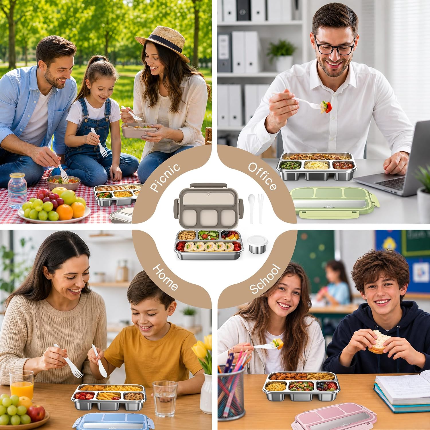 Stainless Steel Bento Box Adult Teens, Leakproof Metal Lunch Box Containers 4 Compartments, 32 Oz Reusable Food Storage Containers for Office and School, Brown