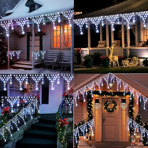 Miniatura 5 de Luces de Navidad para decoración al aire libre, 218 luces LED de 13.8 pies con 12 gotas, tira de luces LED de alambre transparente para decoración