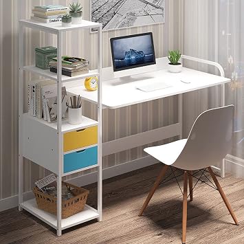 Computer Desk 48" with Drawer & Storage Shelves, Modern Style Writing Study Workstation PC Desk Workstation for Home Office, White