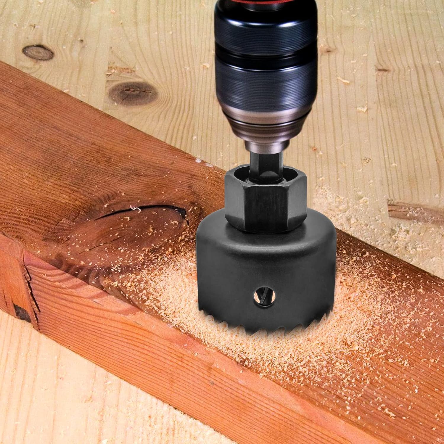 4PCS 1-1/4 Inch to 2-1/8 Inch Hole Saw Kit for Wood, 1.2 Inch Cutting Depth Hole Cutter Drill Bit with Mandrel, Round Hole Saw Set for Cornhole Boards Plastic Drywall Soft Metal (Black)