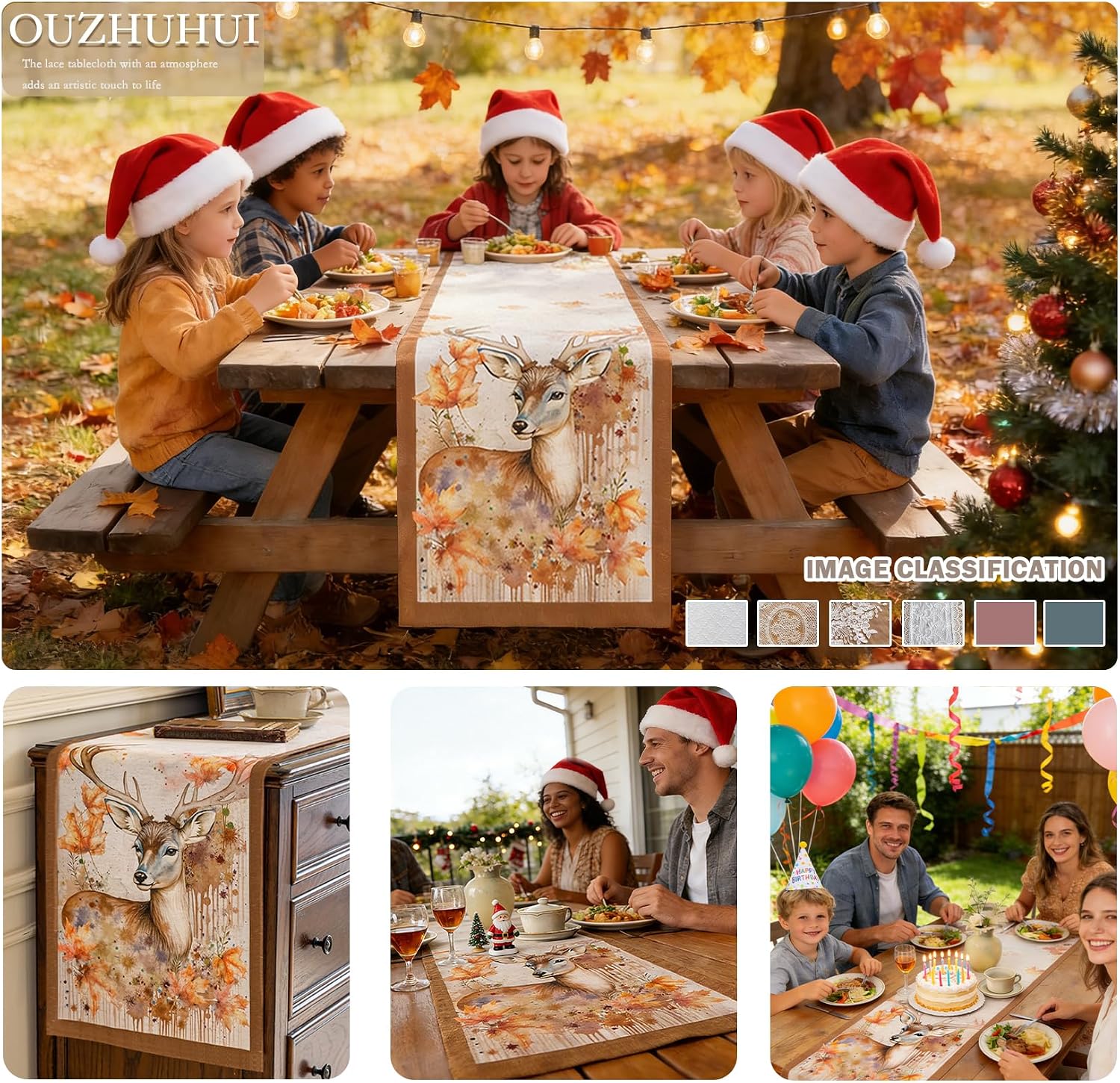 Vintage Abstract Dining Decor Double Waterproof Layer Table Runner,for Thanksgiving Christmas Decorations Home Kitchen Dining Party Wedding ((Deer and Leaves, 14.5X90 Inches)