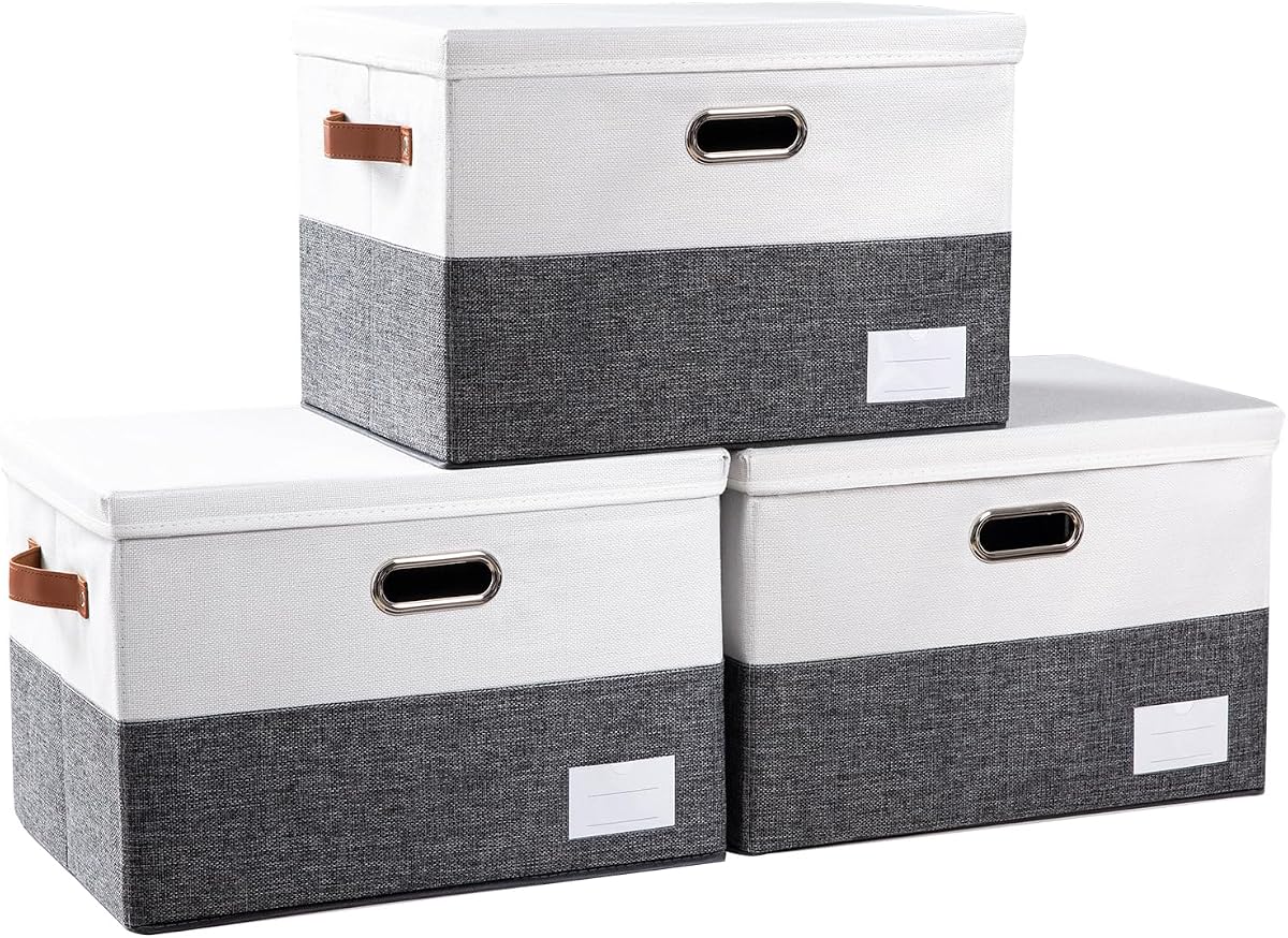 Contenedores de almacenamiento plegables con tapas [paquete de 3] Cajas de almacenamiento plegables de tela, cestas, cubos, contenedores con asas para armario, sala de estar, dormitorio (gris y blanco 17.7 x 11.8 x 11.8 pulgadas)