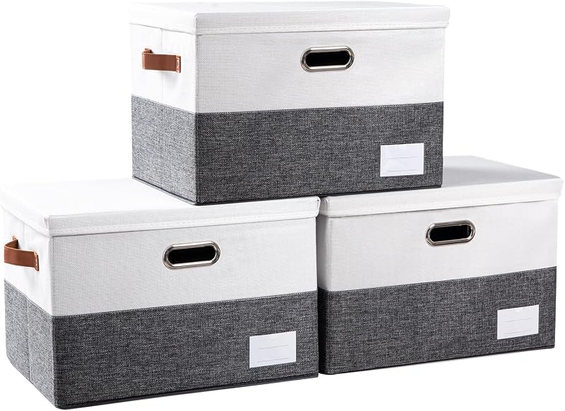 Contenedores de almacenamiento plegables con tapas [paquete de 3] Cajas de almacenamiento plegables de tela, cestas, cubos, contenedores con asas para armario, sala de estar, dormitorio (gris y blanco 17.7 x 11.8 x 11.8 pulgadas)