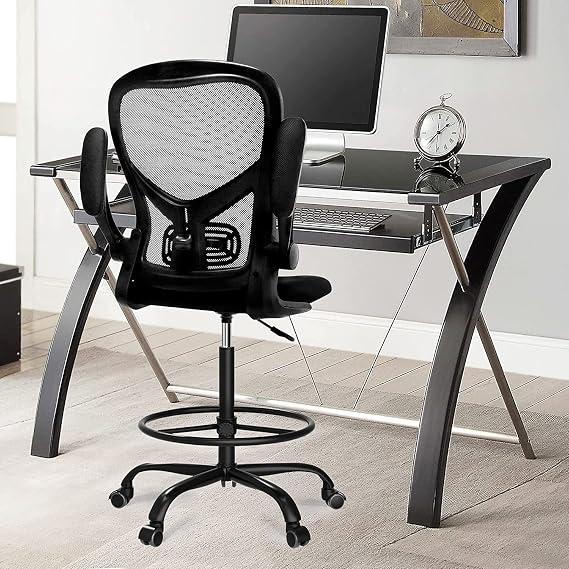 dreamlify Drafting Chair,Tall Standing Desk Chair Comfortable Office Chair with Foot Ring Flip-up Padded Arms Height Adjustable Computer Task Chair Ergonomic Mesh Mid-Back Desk Chair,Black