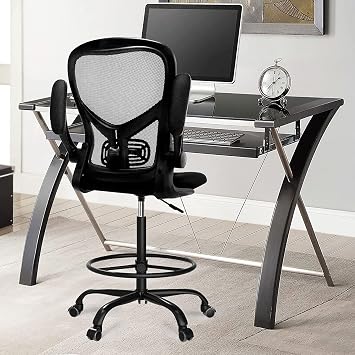 dreamlify Drafting Chair,Tall Standing Desk Chair Comfortable Office Chair with Foot Ring Flip-up Padded Arms Height Adjustable Computer Task Chair Ergonomic Mesh Mid-Back Desk Chair,Black