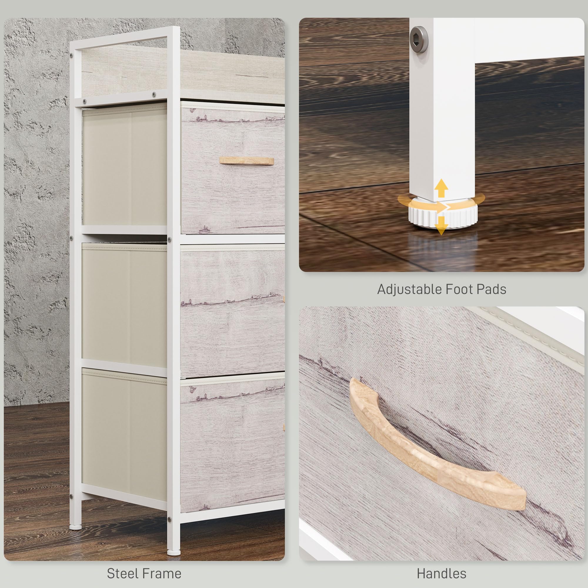 HOMCOM Kommode aus Stoff 4 Schubladen, Naturholz-Optik | Schlafzimmer, Aufbewahrungs-Organizer, offenes Regal, Metallrahmen, Wohnzimmer, Eingangsbereich