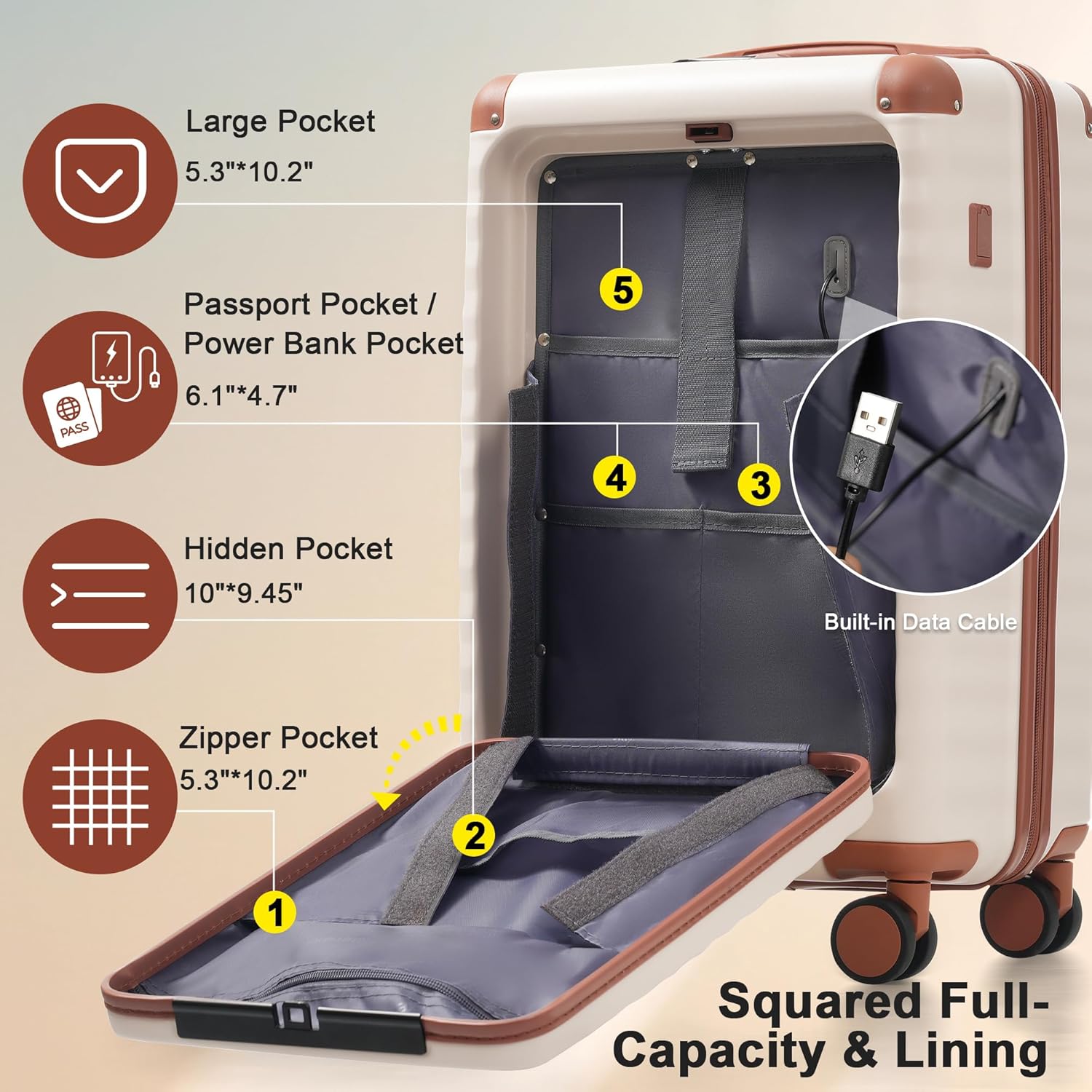 Merax Luggage Sets 5 Piece,Front Open Hardshell Expandable Suitcase with Spinner Wheels and Duffel Bags,Lightweight Carry on Luggage with USB Port and Cup Holder,20/24/28IN,White and Brown