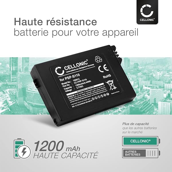 CELLONIC 1x Batterie pour Console de Jeux Compatible avec Sony PSP Slim & Lite 2, PSP Slim & Lite 3, PSP-S110 - (1200mAh, 3.7V) - 2