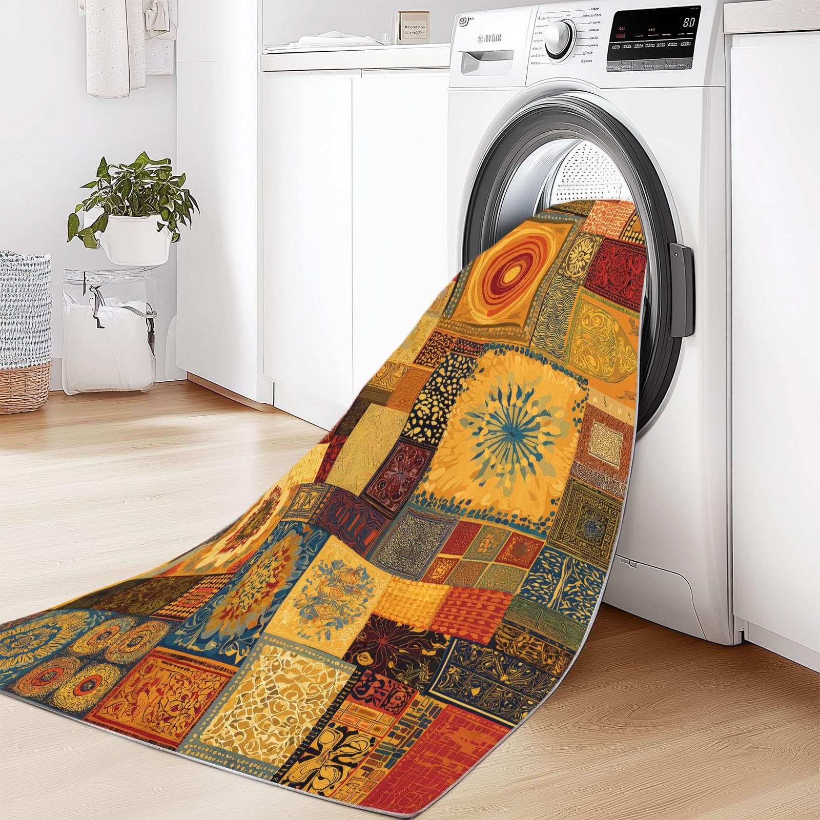 Tapis Antidérapant Salon Ethnique Patchwork Design, Tapis Bohème Vintage Doux Lavable en Machine, Tapis Poil Ras Agréablement Étre pour Cuisine Chambre Salle à Manger, Brun 160 x 230 cm