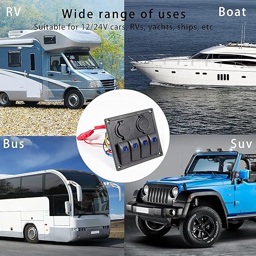 Vista 64 de Panel de interruptor de palanca impermeable de 6 cuadrillas 12V/24V Panel de interruptor basculante de aluminio con cargador USB doble, voltímetro