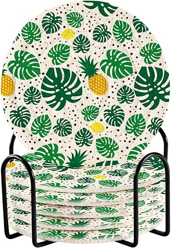 Miniatura 1 de Tropical Pineapples Lemons and Green Palm Leaves Coasters Coasters for Coffee Table Set with Holder 6 Pack
