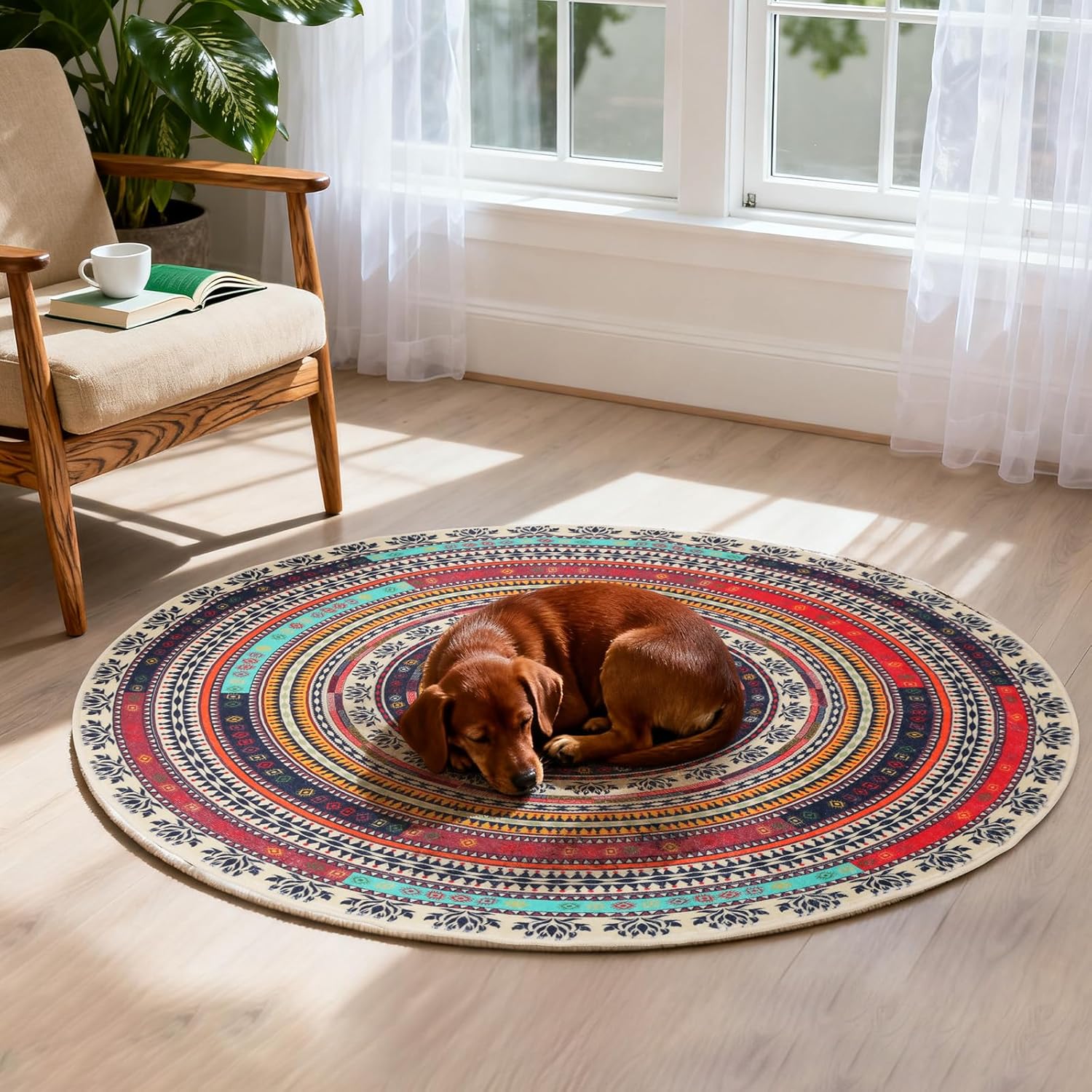 Mirok 3 Ft Boho Round Rug Washable Non-Slip Soft Circle Area Rugs for Bedroom Kitchen Laundry Bathroom Living Room (3FT)