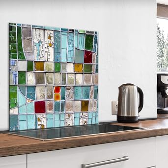 murando Glass Splashback for Kitchen Backsplash Cooker Protector Tempered Glass Splashbacks for Cookers Decorative Wall Art Heat Resistant Graphic 60x60cm / 24"x24" Abstract Mosaic Tiles f-B-0279-aq-a