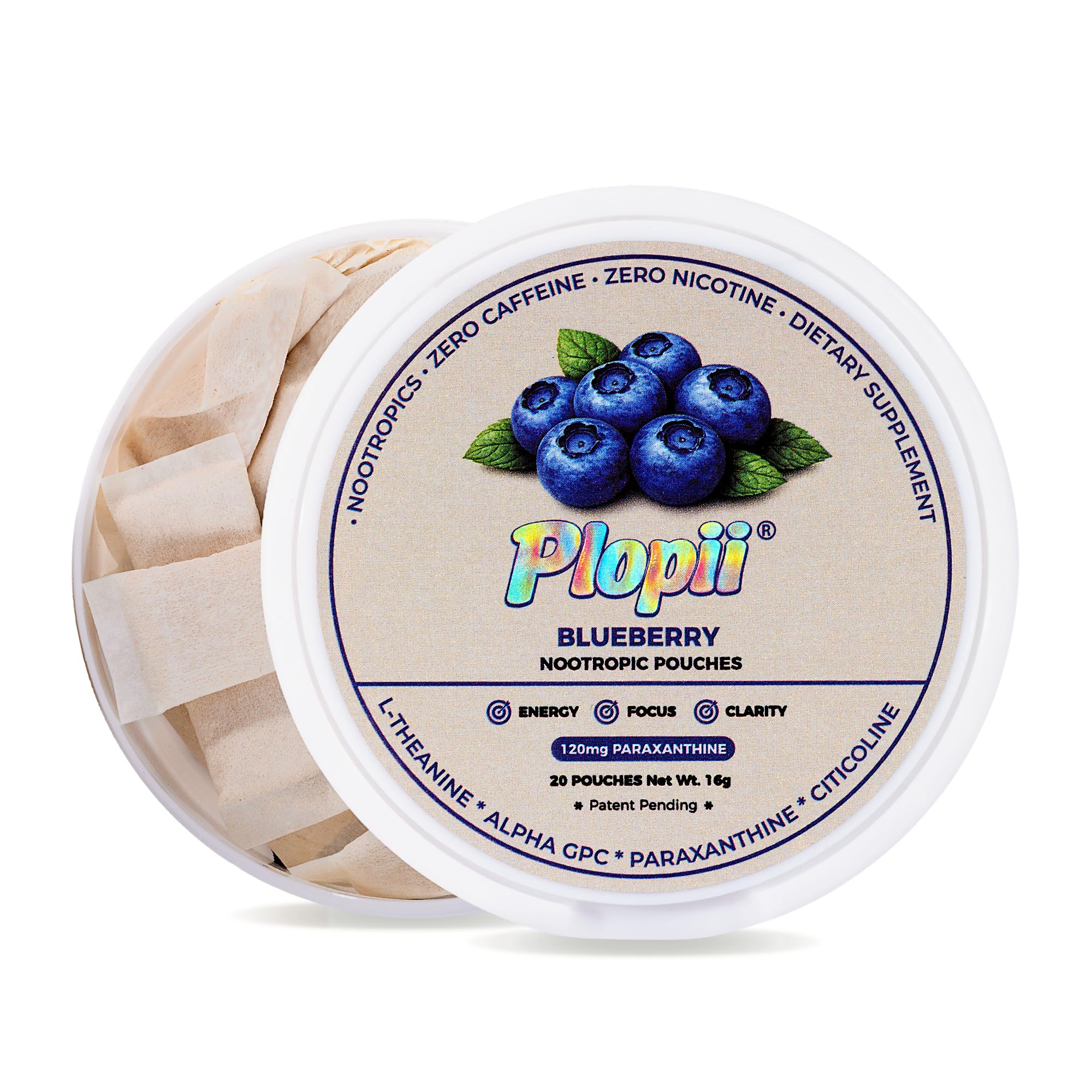 Plopii Pré-treino em sachês de paraxantina 120 mg, 20 sachês sabor Blueberry