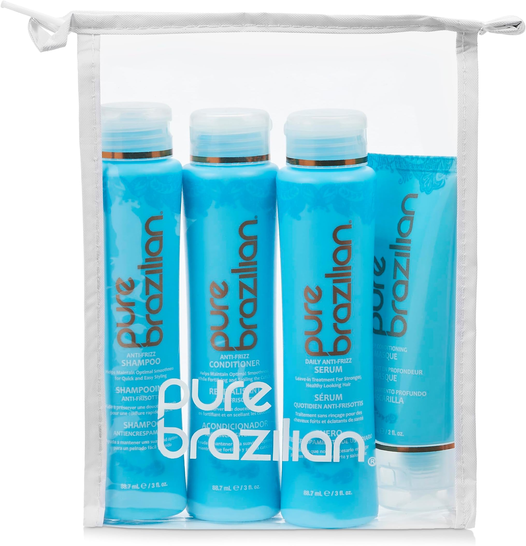 4-Piece Essential Travel Size Kit: Anti-Frizz Shampoo, Conditioner, Serum & Masque
