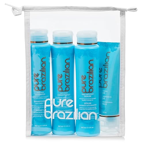 Pure Brazilian Kit esencial de tamaño de viaje de 4 piezas: champú, acondicionador, suero y máscara antiencrespamiento