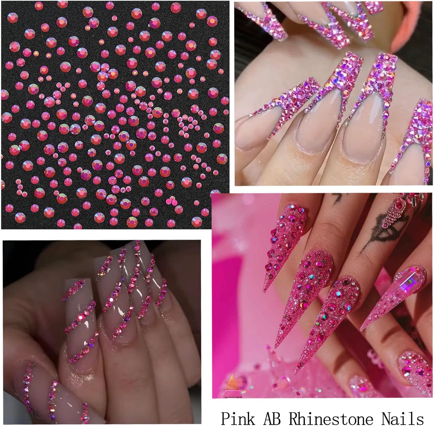 Hot Pink AB Nail Art Rhinestones Flatback Nail Charms Mixed Size Clear Nails Gem Diamond AB Flatback Nails Art Rhinestones Accessories Decoration Design for Women