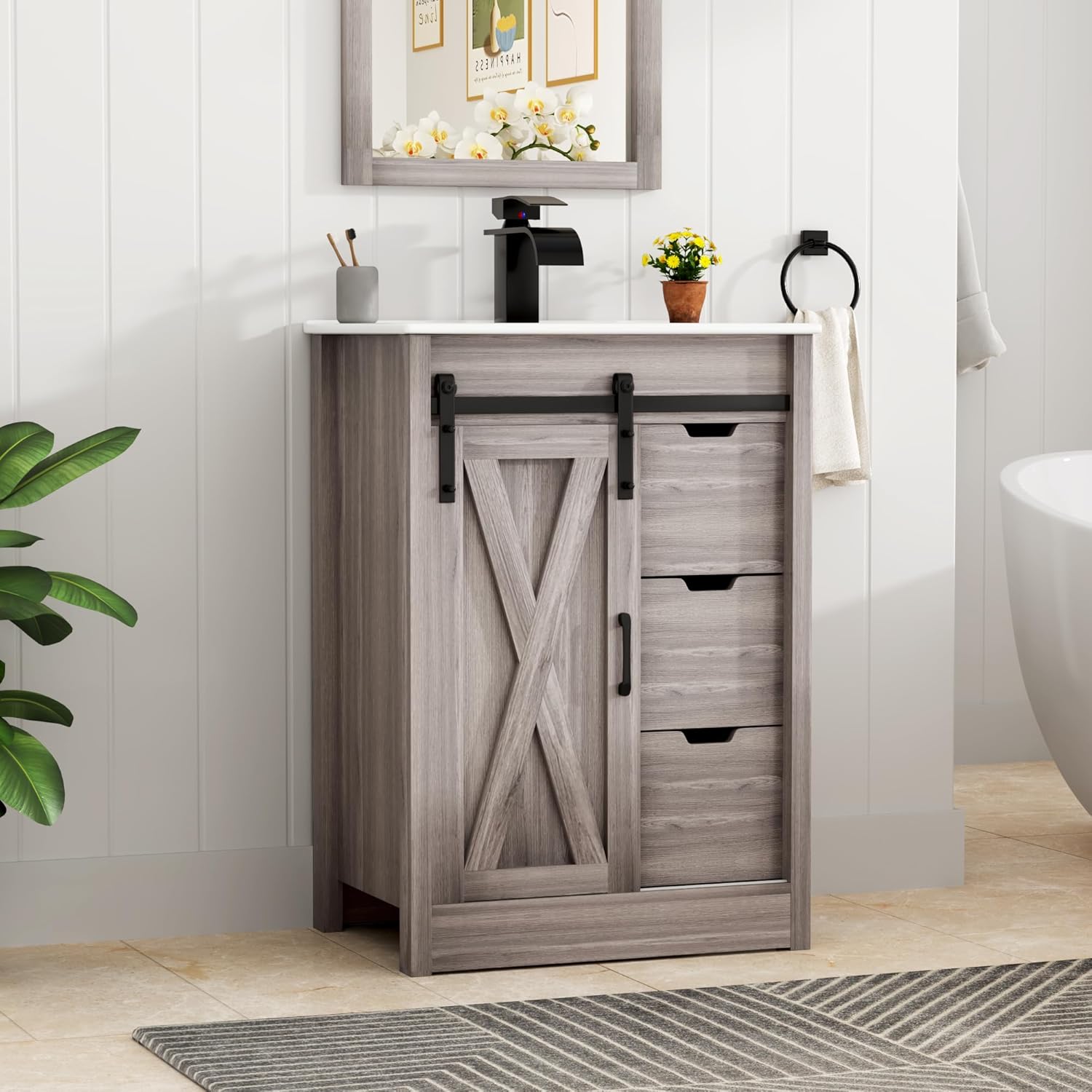 chartustriable 24 Inch Bathroom Vanity with Sink & Faucet & Mirror, Farmhouse Bathroom Vanity Cabinet Set with Sliding Barn Door & Drawers, Small Single Bath Storage Vanity Sink, Grey