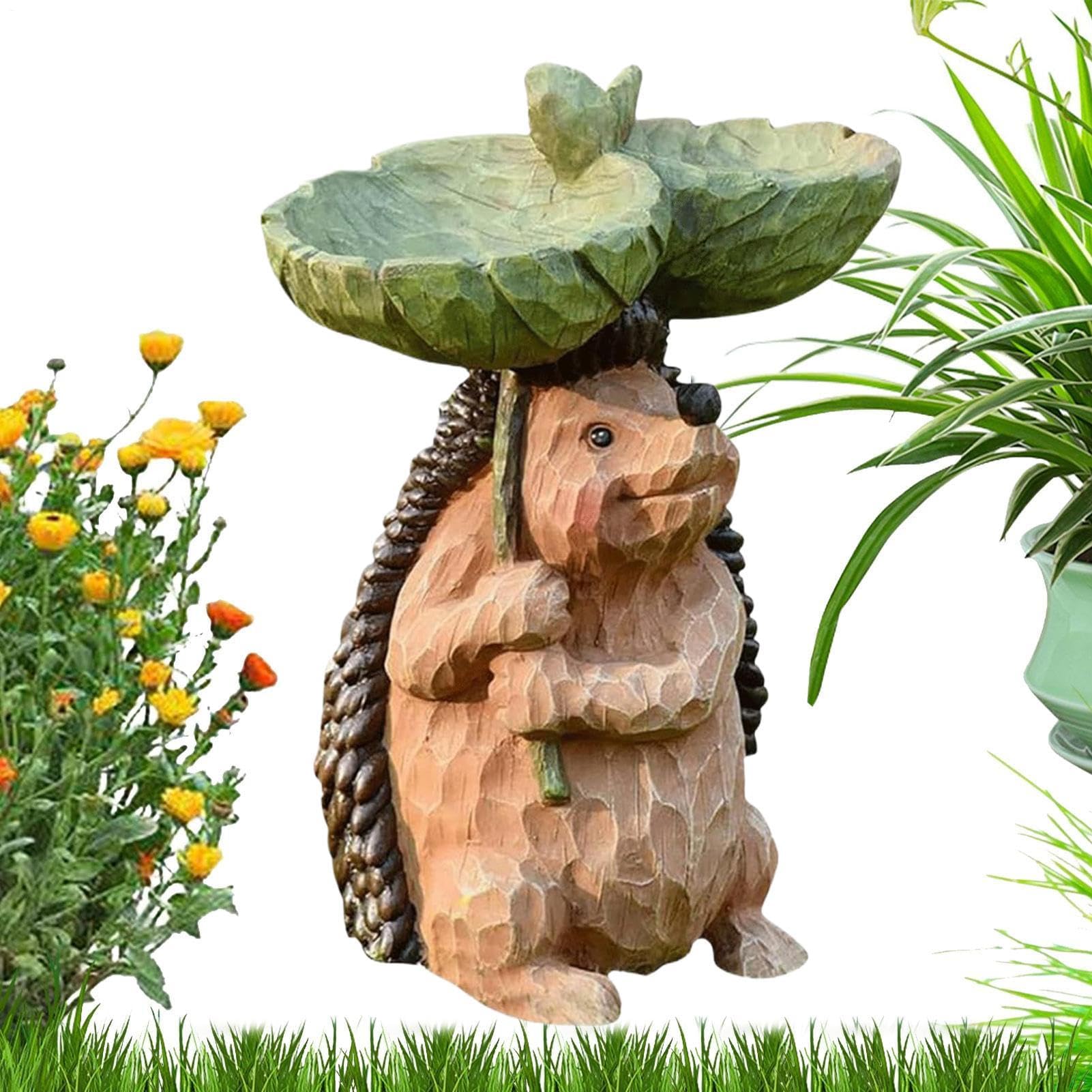 Riccio ornamento da giardino con mangiatoia per uccelli e vasca, scultura paesaggistica in resina resistente alle intemperie, per cortile e patio all'aperto, 15 x 10 x 21 cm
