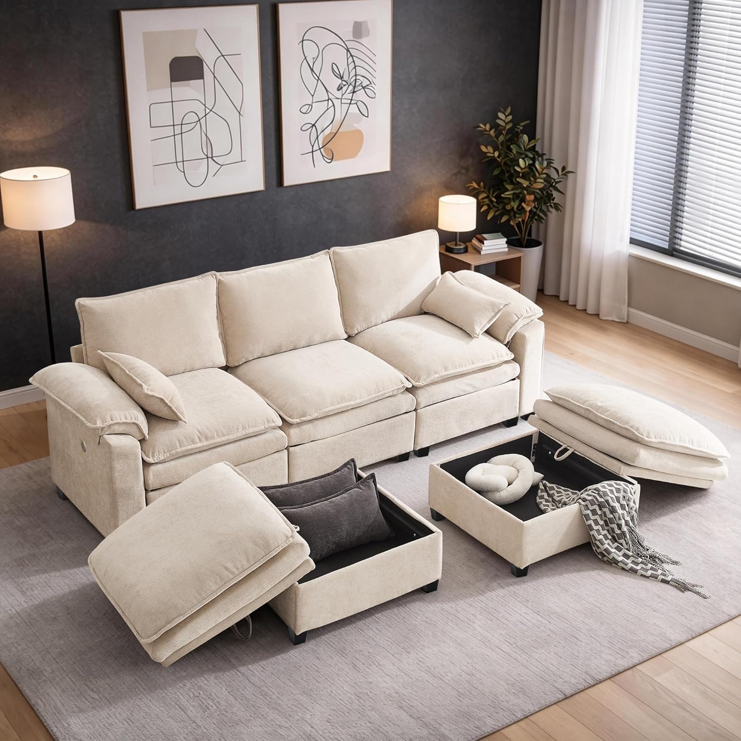 122″ Modular Sectional Sofa with Storage, Premium Chenille