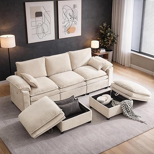 122" Modular Sectional Sofa with Storage, Premium Chenille Cloud Couch with Movable Ottomans, 1200lbs Heavy Duty Deep Seat Sectional, High-Density Foam (Beige, 3 Seater & 2 Ottoman) | Ottoman Storage