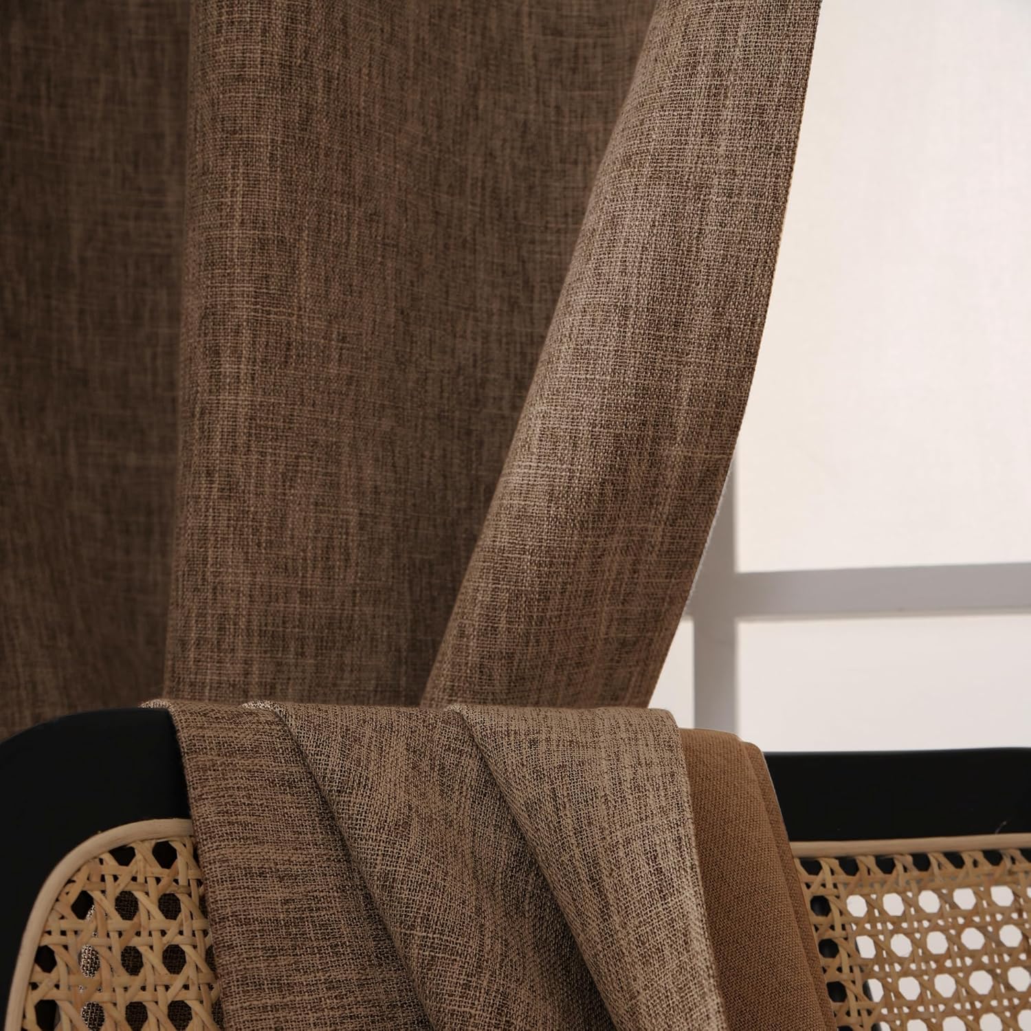 INLINAS Faux Linen Knotted Texture Blackout Curtains - 100% Light Blocking, Noise Reducing Triple Layer Fabric Back Tab and Rod Pocket for Bedroom, Set of 2, Brown, 52 x 96 Inch