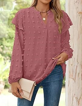 ZESICA Womens Ruffle Long Sleeve Chiffon Blouses V Neck