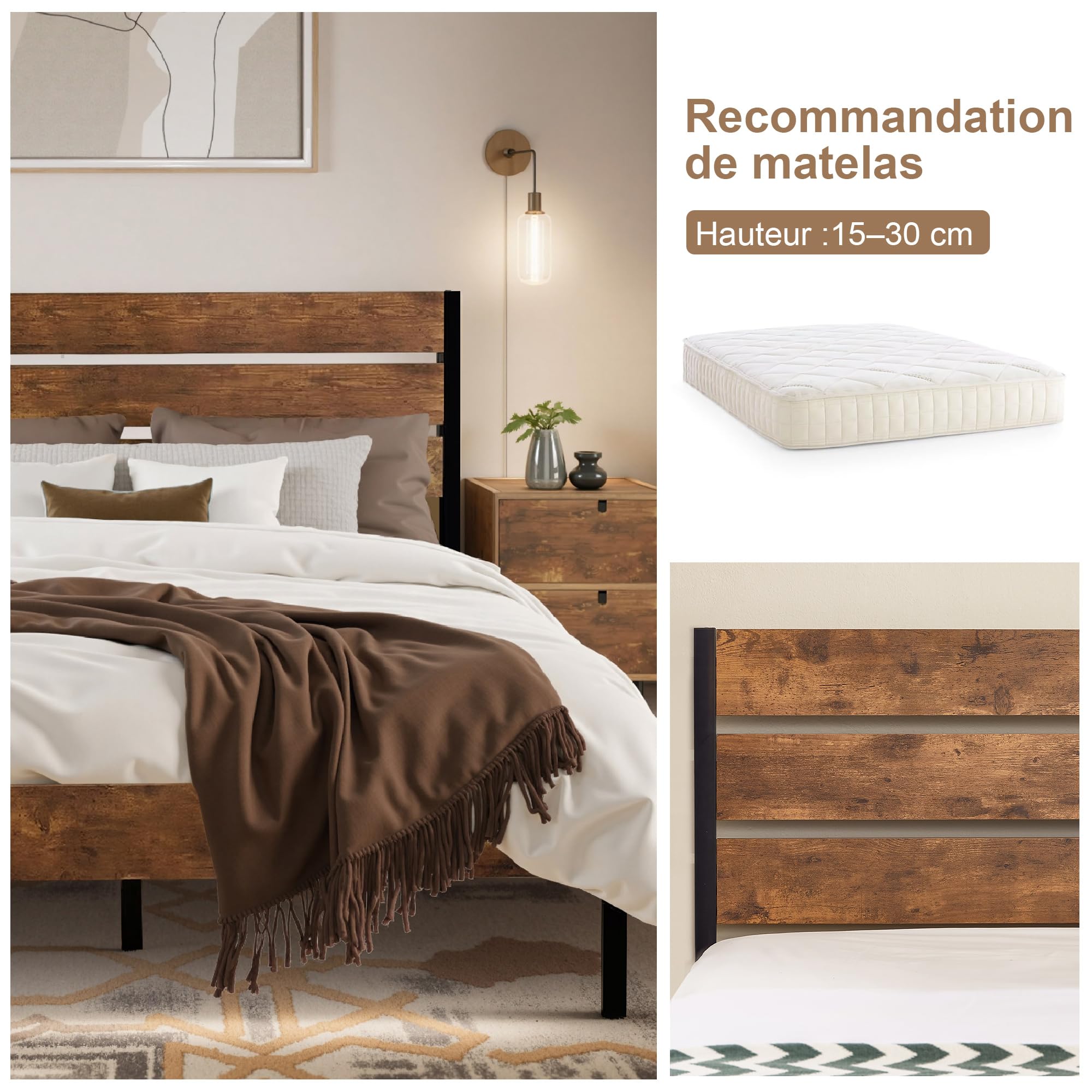 VECELO Telaio per letto 140 x 190 cm, rete con testa rustica in legno
