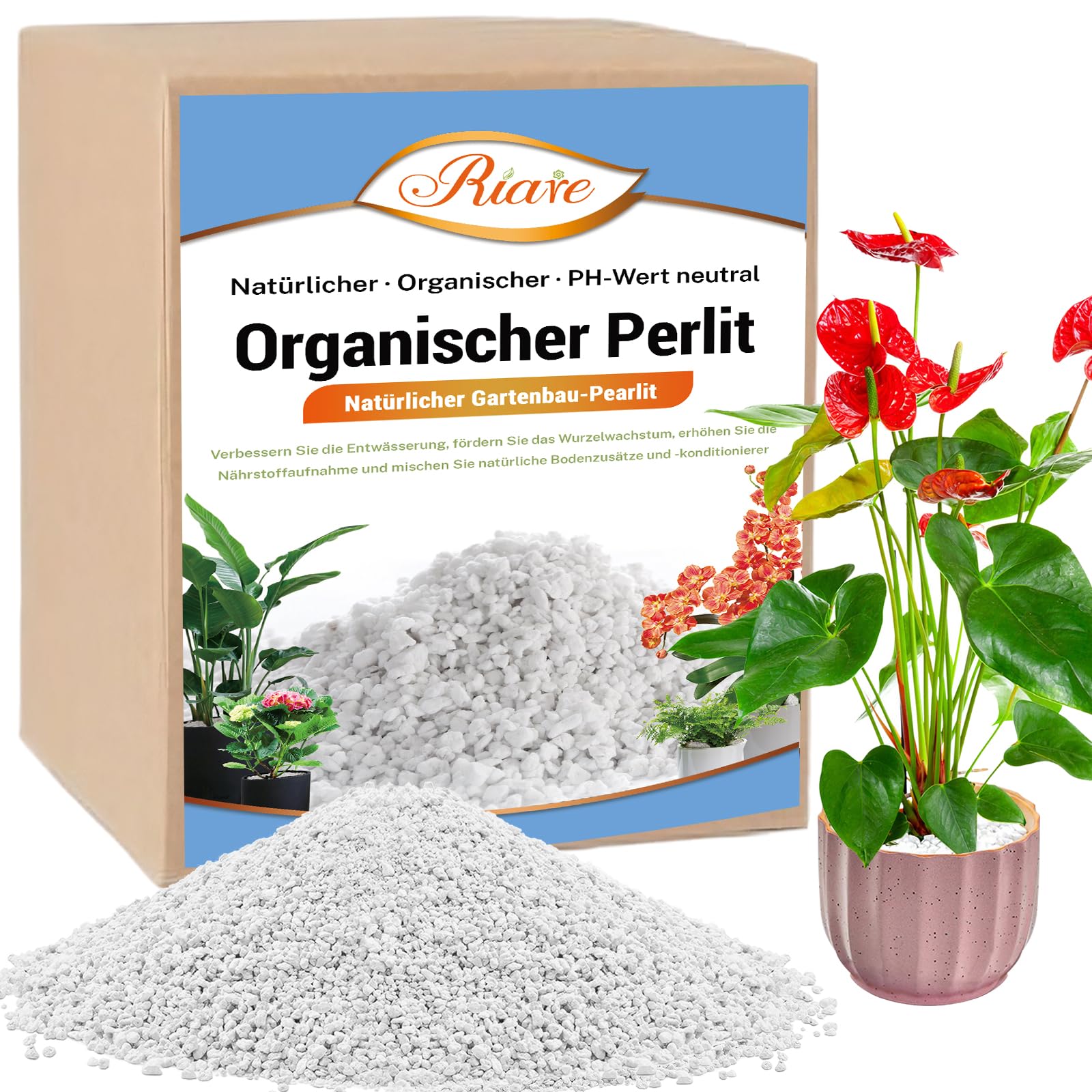 Riare Perlite für Pflanzen 20L Natürliches Perlit für Pflanzen Erden- und Substratverbesserung Verbessert Feuchtigkeitsspeicher Substrat für Garten & Zimmerpflanzen (20L)